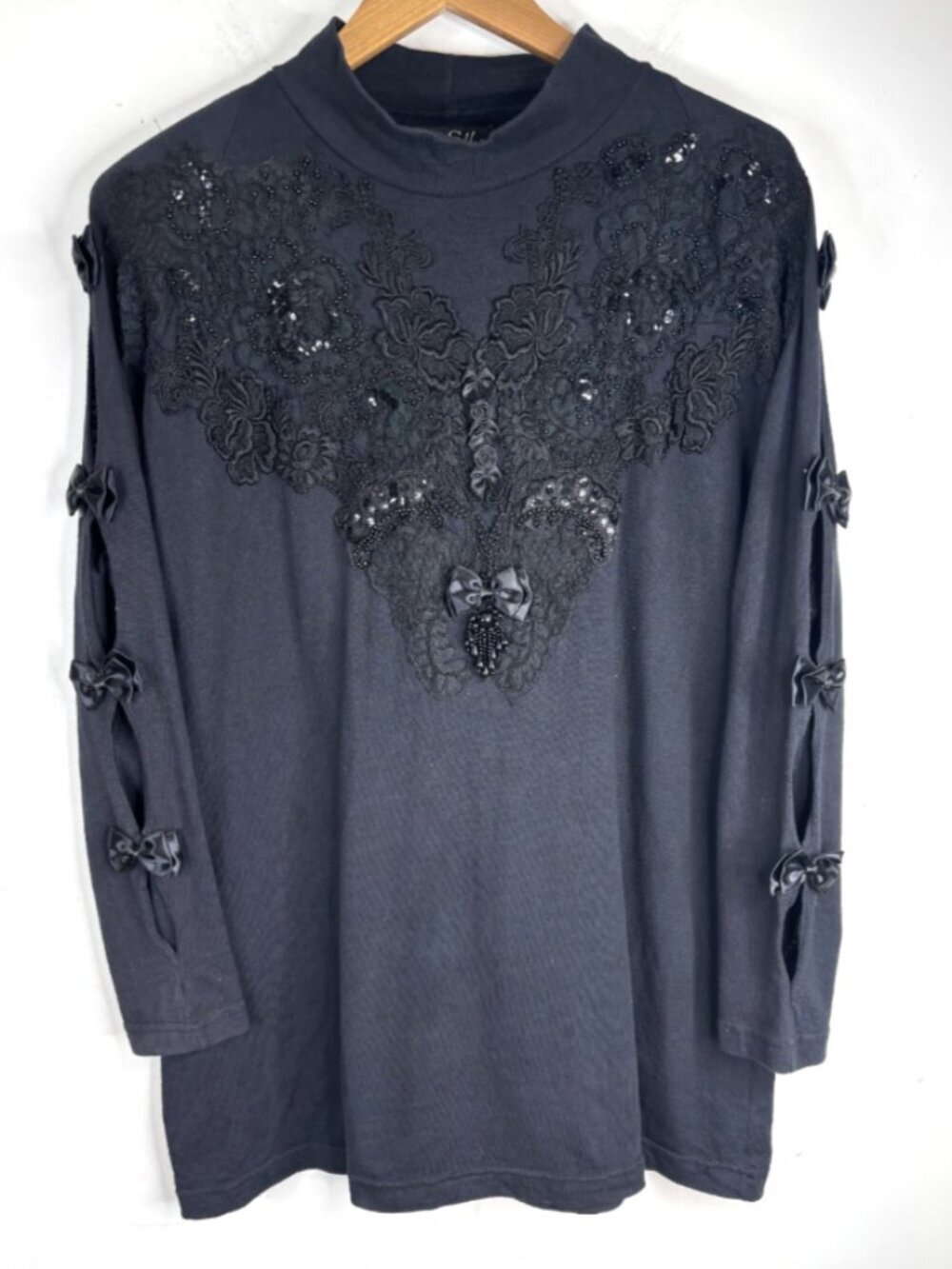 VTG 80s Phun Shirts California Top OS Black Lace Beads Mock Neck Bows Whimsigoth